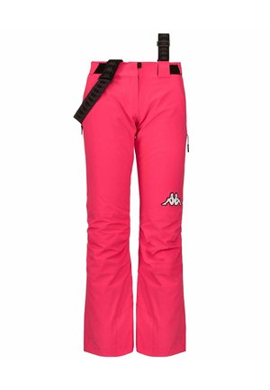 Pantaloni da sci rosa realizzati in materiale impermeabile, con tasche con zip, cinturini regolabili e una toppa con logo sulla coscia.