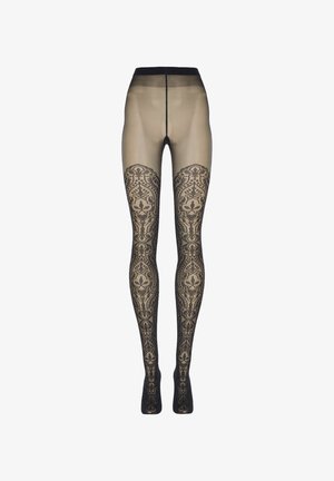 Sorte mønstrede strømpebukser med en gennemsigtig top og et udsmykket, intrikat design fra knæet og ned, som indeholder blomster- og geometriske elementer.