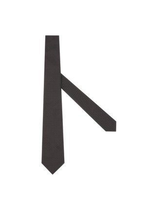Dunkelgraue Krawatte mit einem subtil strukturierten Muster. Sie verfügt über ein modernes Design, eine spitz zulaufende Spitze und eine glatte Oberfläche.