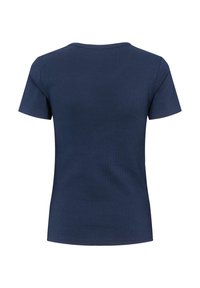 Tmavomodré krátke rukávy rebrované pletené tričko s okrúhlym výstrihom, zobrazené zozadu.