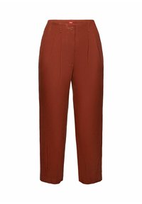 Roodbruine broek van lichtgewicht stof, met knoopsluiting, voordozen en een ontspannen, cropped pasvorm. Soepele textuur.