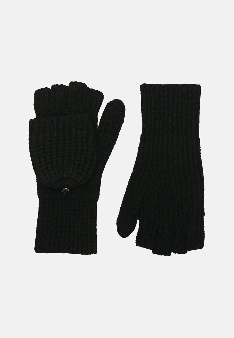 Czarne dziane rękawice z prążkowaną strukturą. Jedna rękawica ma klapkę na palce i ozdobny guzik.