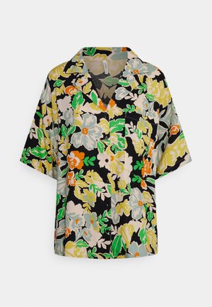 Kurzärmliges Hemd mit Blumenmuster in Schwarz, das lebendige grüne, orange und cremfarbene Muster aufweist, mit Kragen und Knopfverschluss. Leichtes Material.