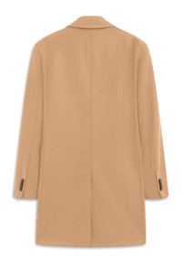 Beige Wollmischungsmantel mit Reverskragen, einzelner Rückenbelüftung und geknöpften Manschetten. Verfügt über eine taillierte, gerade Silhouette und seitliche Taschen.