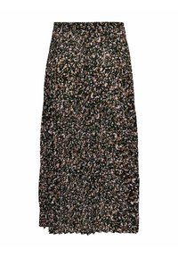 Záhybová midi sukně ve tmavě zelené látce s květinovým vzorem v růžové, bílé a hnědé barvě. Elastický pas pro nastavitelné nošení.