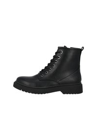 Botas de cuero negro hasta el tobillo con puntera redonda, diseño de cordones y seis ojales de metal. Suela de goma gruesa con un patrón de agarre texturizado.