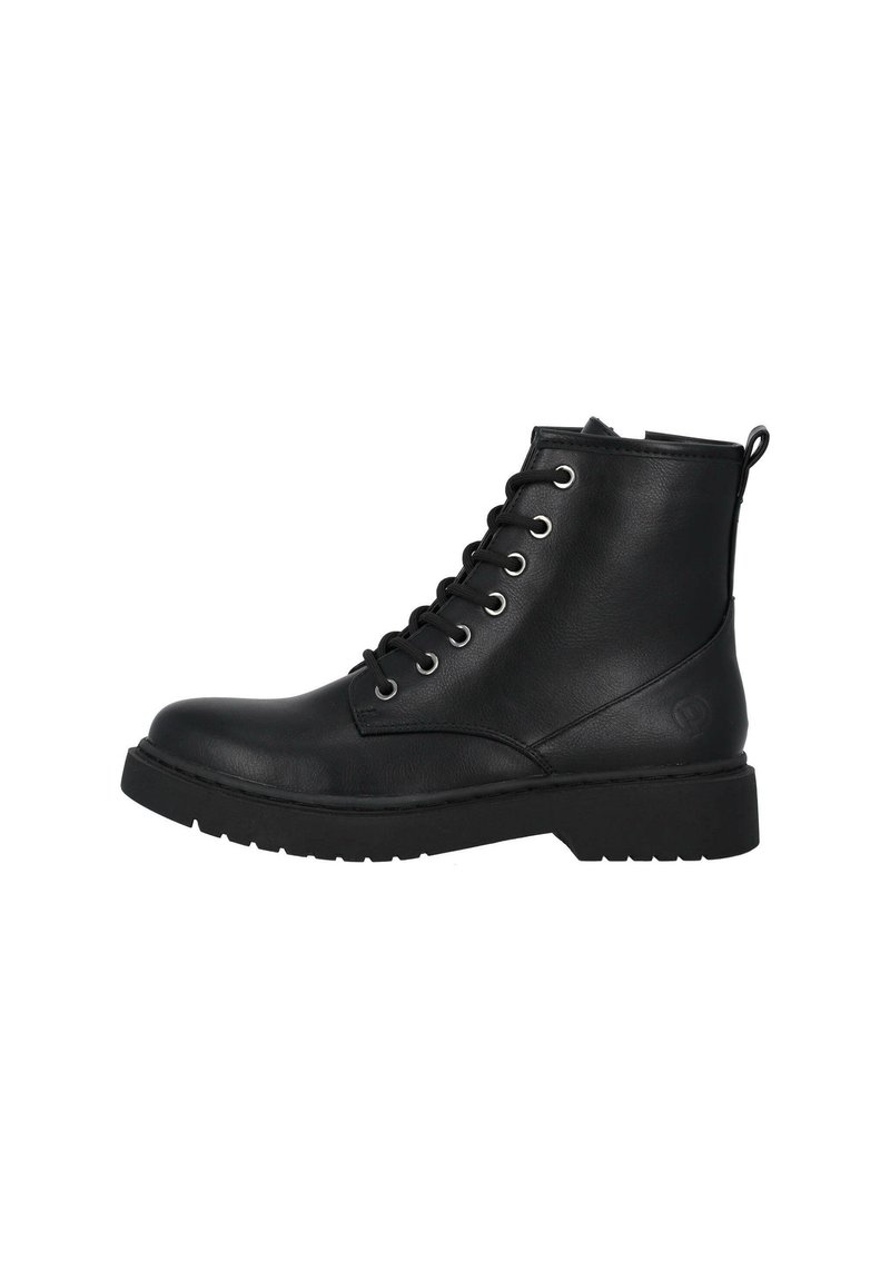 Botas de cuero negro hasta el tobillo con puntera redonda, diseño de cordones y seis ojales de metal. Suela de goma gruesa con un patrón de agarre texturizado.
