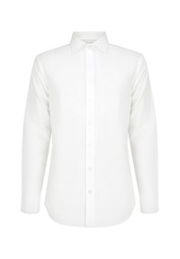 Biała koszula z długim rękawem, standardowym kołnierzykiem, zapięciem na guziki i gładką teksturą. Charakteryzuje się prostym krojem i minimalistycznym designem.