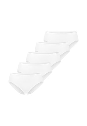 Fünf Paar schlichte weiße Damen-Baumwollunterwäsche, diagonal auf weißem Hintergrund angeordnet.
