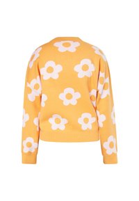 Maglione giallo con grandi motivi floreali bianchi, colletto girocollo, maniche lunghe, orlo e polsini ribattuti, realizzato in morbido materiale a maglia.