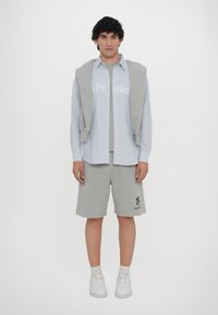Cămașă bleu deschis, cu nasturi, peste un tricou gri, cu șorturi gri și adidași albi. Cămășa are inscripția "No Problems", iar șorturile au un logo.