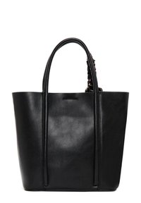Borsa a mano in pelle nera con manici superiori doppi e un dettaglio testurizzato su un manico. Esterno liscio con design minimalista e senza motivi visibili.