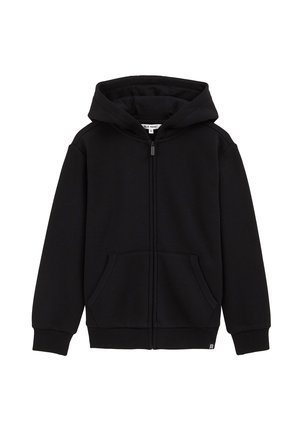 Zwarte rits-hoodie van zachte stof, met een kap, voorzakken en geribde manchetten. Eenvoudig ontwerp zonder patronen of accenten.