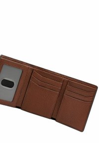 Brown leather wallet with textured finish, featuring a clear ID window and multiple card slots. Compact, opens flat for accessibility.