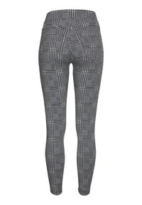 Black and gray plaid leggings featuring a fitted design, soft fabric, and back pockets, with a high waistband and smooth texture.