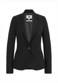 Svart välsittande kvinnors blazer med slagkrage, enkel knäppning och två framfickor.