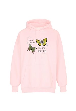 Lyserød hættetrøje med forlommer, med to farverige sommerfugleillustrationer og teksten "Colorful Butterfly" på brystet.