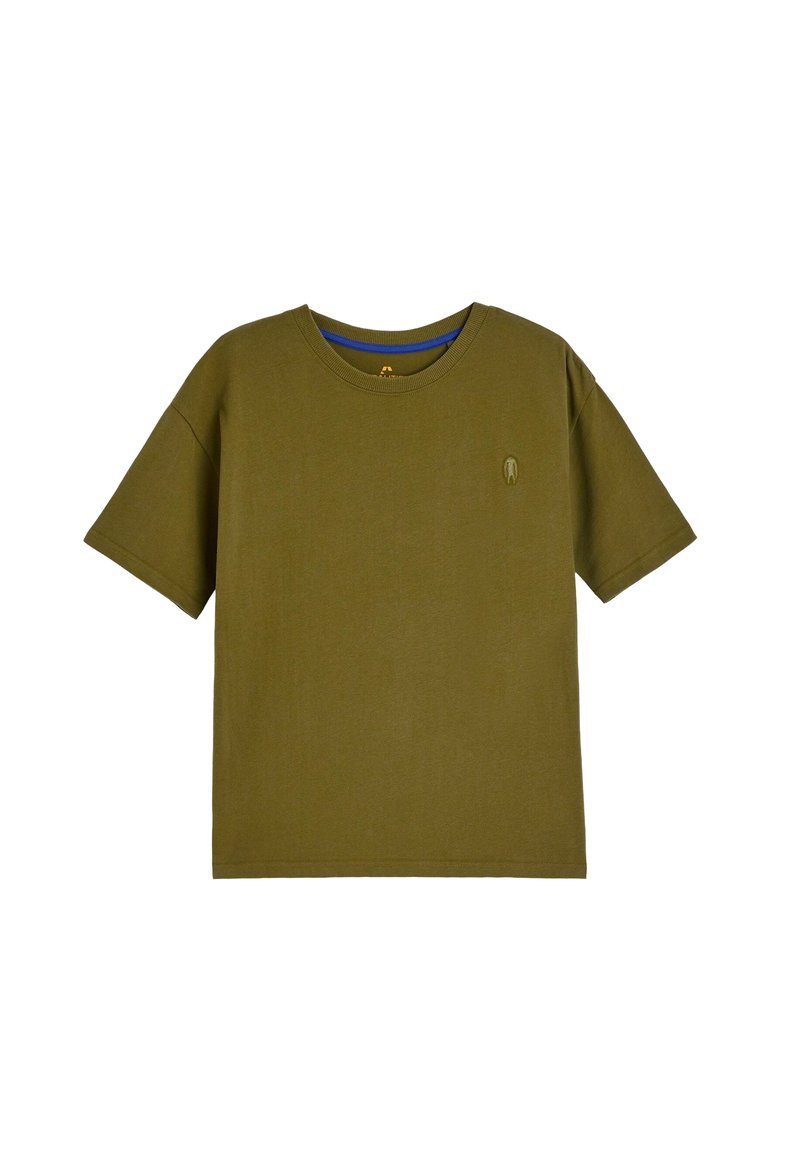 Oliwkowa koszulka z krótkim rękawem, wykonana z bawełny, z okrągłym dekoltem i małym logo na piersi; prosty design z gładką fakturą.