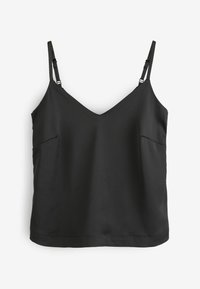 Čierna cami top s nastaviteľnými ramienkami, výstrihom do V, dvoma bočnými vreckami, mäkkým materiálom a voľným strihom pre pohodlie.