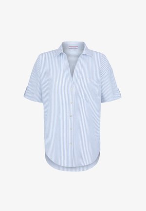 Biała koszula z niebieskimi paskami, z krótkim rękawem, zapinana na guziki, z jedną kieszenią na piersi i zaokrąglonym dołem. Teksturowana bawełniana tkanina.