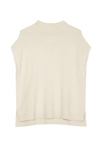 Pull sans manches beige avec un col montant, texture côtelée aux épaules et à l'ourlet, fentes latérales pour un confort de mouvement, fabriqué à partir d'un matériau doux.