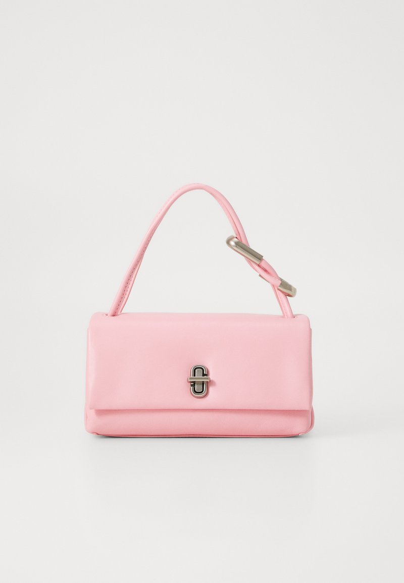 Pink leather handbag with a smooth texture, a single handle, and a silver hardware closure. Compact rectangular shape with a front flap.