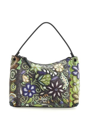 Borsa con una sola tracolla nera, decorata con grandi motivi floreali ricamati colorati in tonalità di verde, viola, bianco e marrone.
