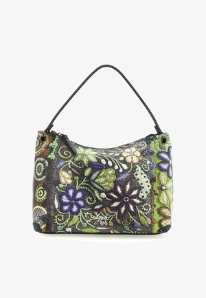 Borsa con una sola tracolla nera, decorata con grandi motivi floreali ricamati colorati in tonalità di verde, viola, bianco e marrone.