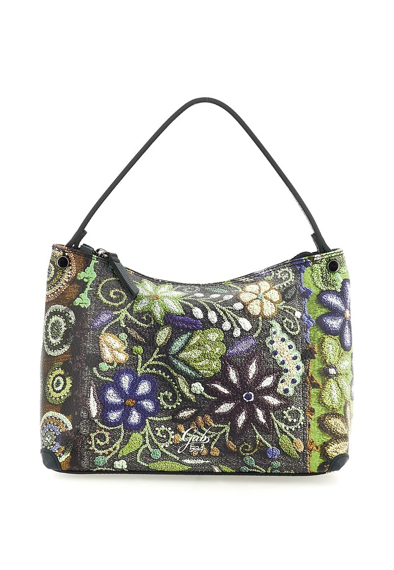 Borsa con una sola tracolla nera, decorata con grandi motivi floreali ricamati colorati in tonalità di verde, viola, bianco e marrone.