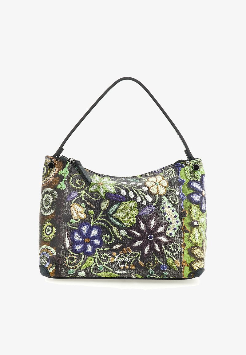 Borsa con una sola tracolla nera, decorata con grandi motivi floreali ricamati colorati in tonalità di verde, viola, bianco e marrone.