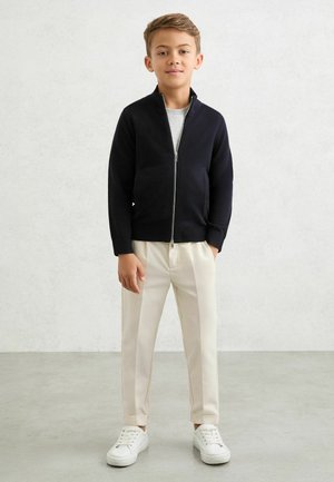 Tumši zils rāvējslēdzēja džemperis virs gaiši pelēkas T-krekla, kombinēts ar krēmkrāsas biksēm un baltām sporta kurpēm. Gluda auduma, pieguloša forma, minimālas apdares detaļas.