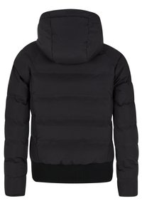 Black padded jacket with hood, long sleeves, and ribbed hem, shown from the back on a white background.