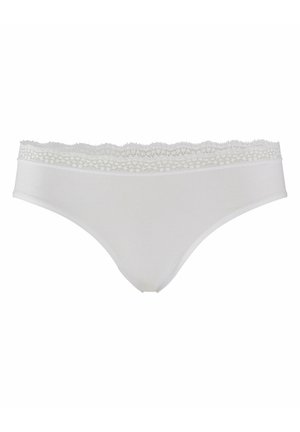 White cotton thong with a scalloped lace trim at the waistband, featuring a smooth texture and a minimalist design.