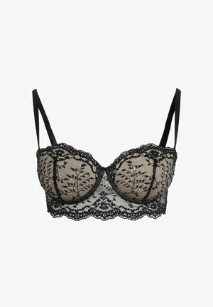 Reggiseno in pizzo nero con un motivo floreale, coppe semitrasparenti, bordi ondulati e spalline regolabili. Sovrapposizione in pizzo testurizzato e finitura liscia.