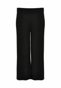 Schwarze weit geschnittene Hose aus glattem Stoff mit elastischem Bund. Keine Taschen oder zusätzliche Verzierungen. Einfaches, modernes Design.