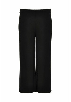 Schwarze weit geschnittene Hose aus glattem Stoff mit elastischem Bund. Keine Taschen oder zusätzliche Verzierungen. Einfaches, modernes Design.