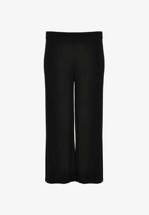 Schwarze weit geschnittene Hose aus glattem Stoff mit elastischem Bund. Keine Taschen oder zusätzliche Verzierungen. Einfaches, modernes Design.