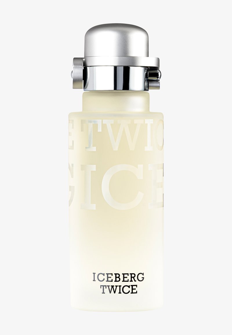 Mattierte Glasflasche des Iceberg Twice Dufts mit silbernem Verschluss und Bügelverschluss, minimalistisches Design vor einfachem Hintergrund.