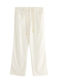 Bílé džínové kalhoty s širokým střihem, stahovací pas se zlatými detaily a čtyřmi kapsami pro praktičnost.