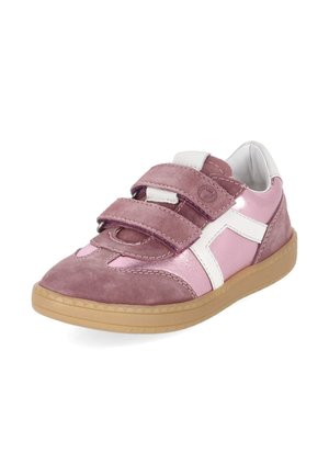 Children's sneaker with pink suede and shiny panels, white accent stripes, two Velcro straps, and a light brown rubber sole.