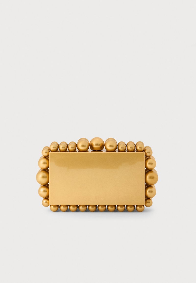 Clutch dreptunghiular auriu cu accente de mărgele rotunde pe margini. Suprafață netedă și reflectorizantă; design compact, potrivit pentru ocazii formale.