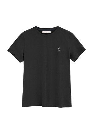 Schwarzes Kurzarm-T-Shirt aus Baumwolle mit Rundhalsausschnitt. Mit einem kleinen weißen Logo auf der linken Brust. Sanfte Textur, lässiges Design.