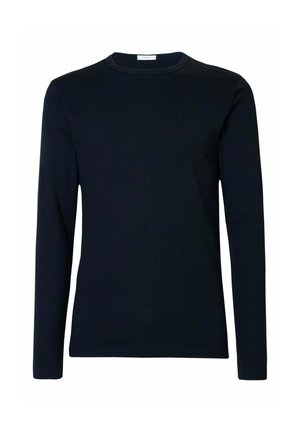 Camicia a maniche lunghe blu navy realizzata in cotone morbido, con colletto a girocollo e design semplice senza fantasie o decorazioni.