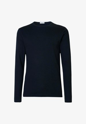 Camicia a maniche lunghe blu navy realizzata in cotone morbido, con colletto a girocollo e design semplice senza fantasie o decorazioni.