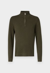 Pull en tricot vert olive foncé avec un col montant et une fermeture éclair quart de longueur. Motif texturé ; manches et ourlet ajustés. Design classique et polyvalent.