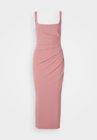 Robe midi sans manches cintrée rose poudré avec encolure carrée et subtil détail drapé en diagonale à l'avant.