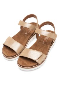 Béžové sandále s otvorenou špičkou, širokými remienkami, polstrovanou hnedou stielkou, nastaviteľnými remienkami na členok a bielou rebrovanou podrážkou, veľkosť 37.