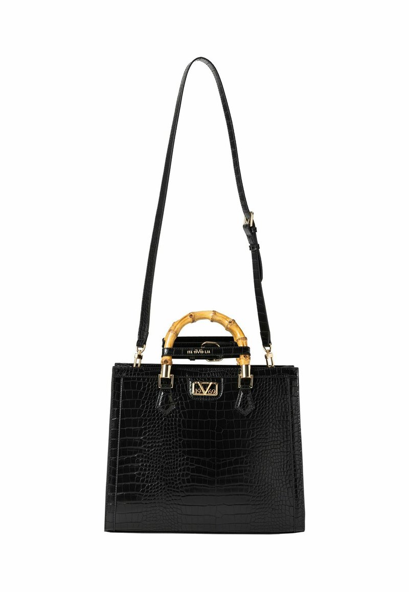 Schwarze Krokodilleder-Handtasche mit einem Bambusgriff, goldenen Hardware-Details und einem abnehmbaren Schultergurt.