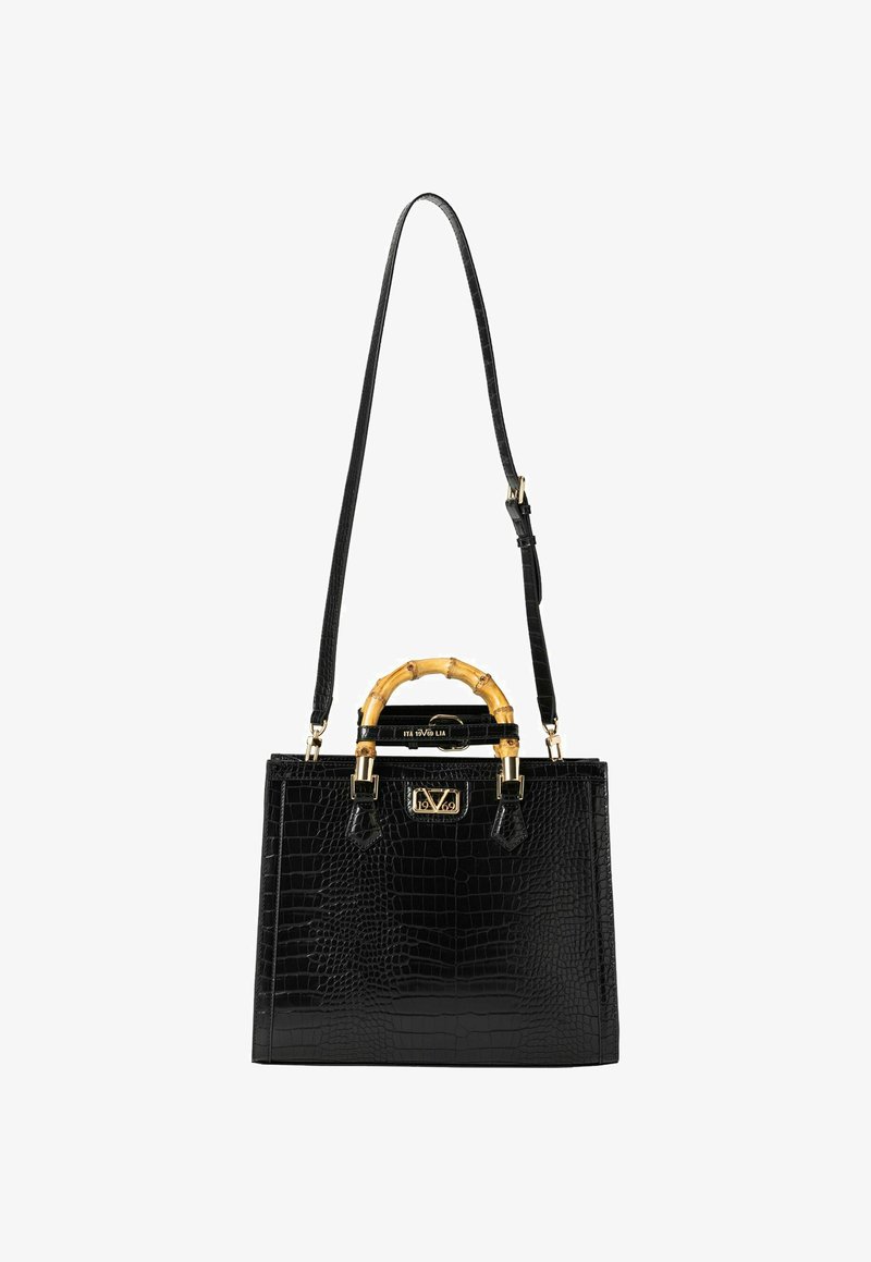 Schwarze Krokodilleder-Handtasche mit einem Bambusgriff, goldenen Hardware-Details und einem abnehmbaren Schultergurt.