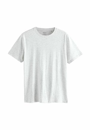 Ljusgrå bomulls t-shirt med korta ärmar och rund halsringning. Mjuk textur och enkel design, med en etikett tryckt inuti kragen.